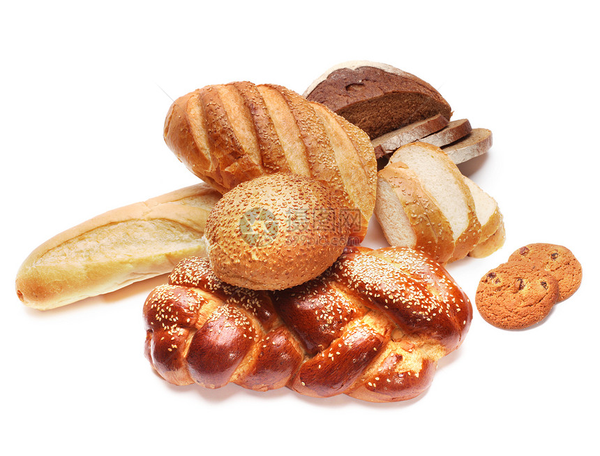 白纸上隔离的烤面包杂类面包团体杂货市场食物农民产品木板燕麦工作室图片