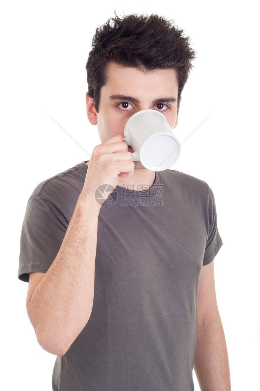 男人喝咖啡喜悦咖啡成人快乐白色青年灰色男性幸福图片