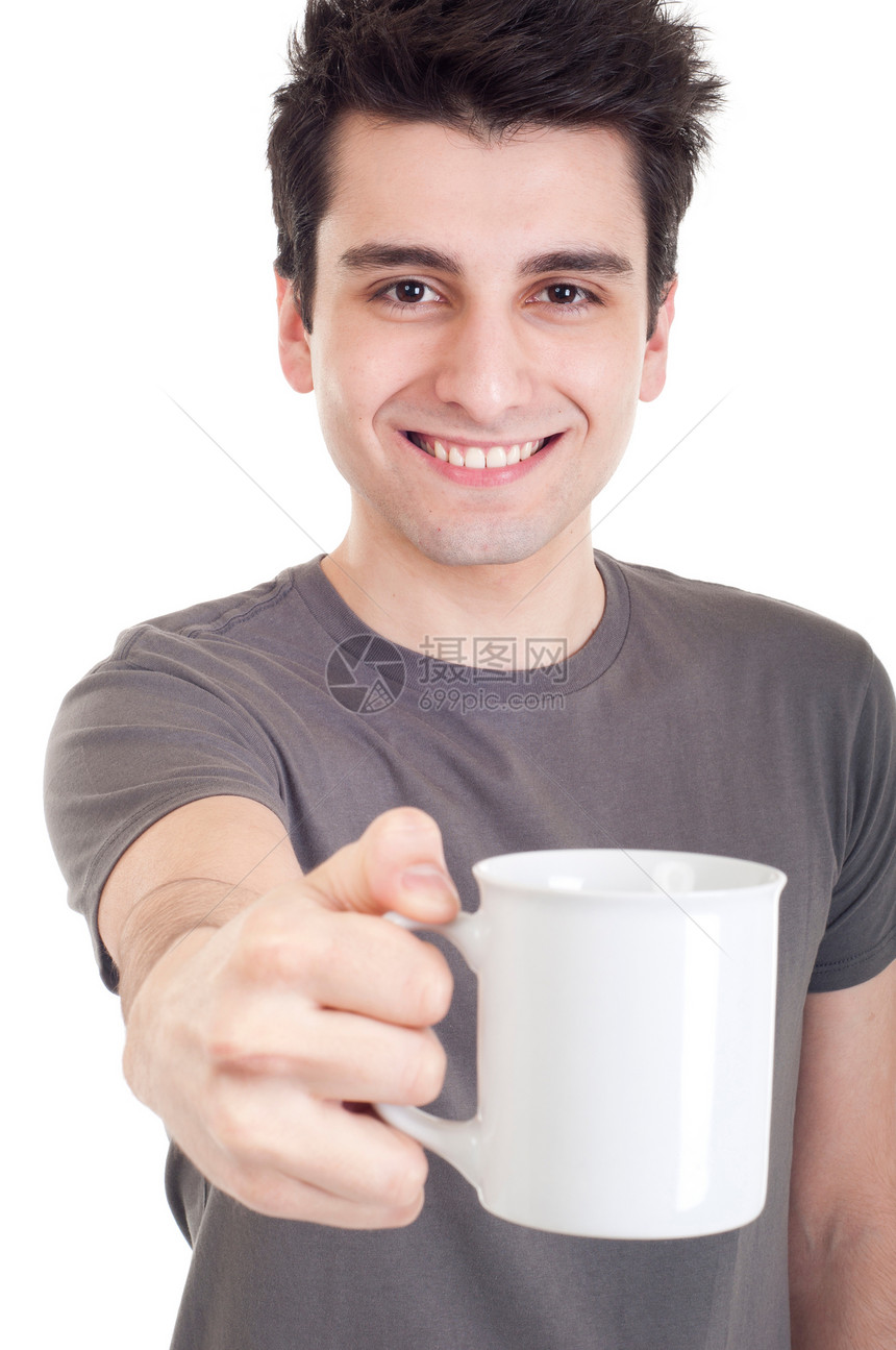 男人拿着杯子男性成人微笑咖啡喜悦灰色幸福白色青年快乐图片
