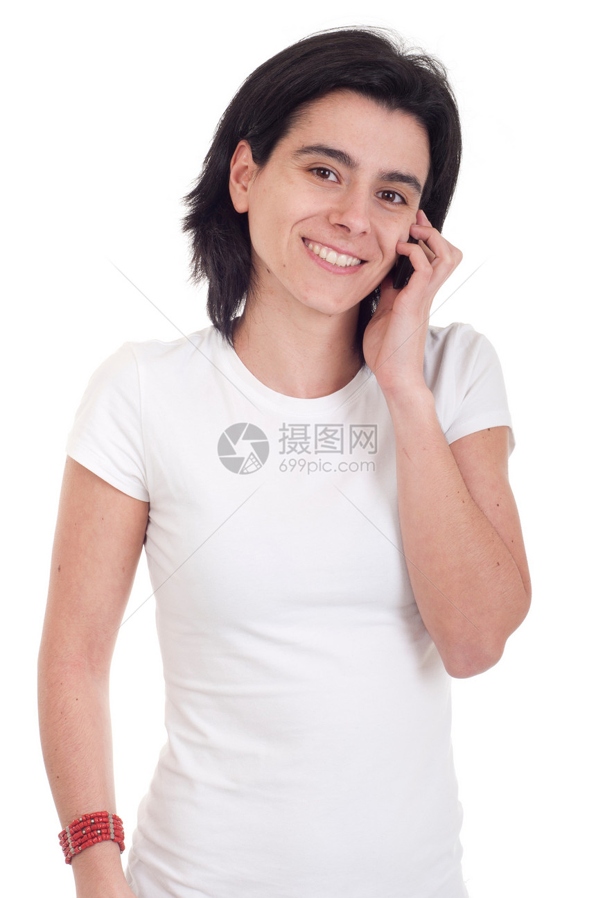 手机上的临时女人微笑幸福白色成人女性讲话细胞女士手镯青年图片