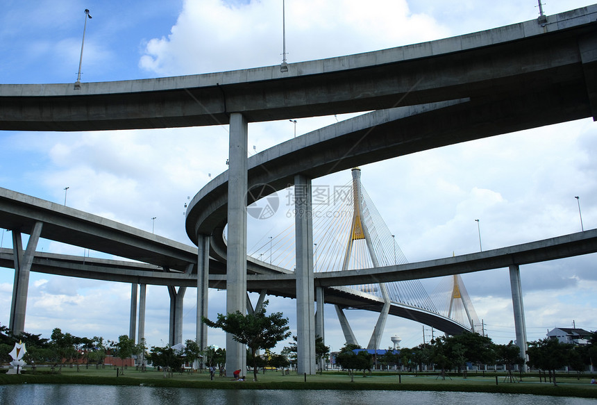 Bhumibol桥蓝色运输风景花园戒指路口工程草地民众地标图片