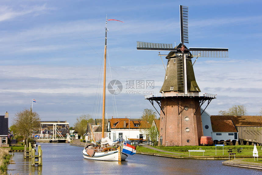 荷兰弗赖斯兰布尔达德运河血管风车城市建筑位置船只建筑物市政建筑学图片
