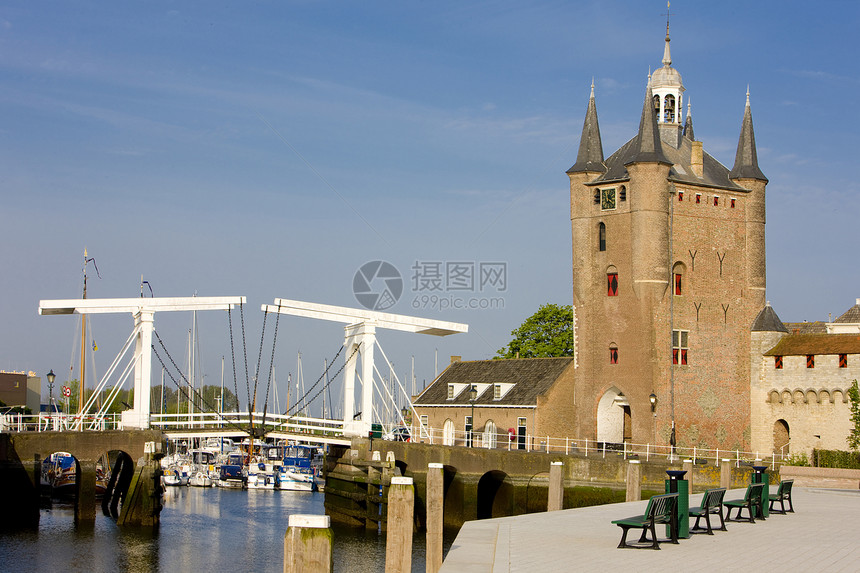 中世纪门和吊桥 泽里克泽 荷兰泽兰历史建筑纪念碑房屋建筑物城市房子历史性建筑学旅行图片