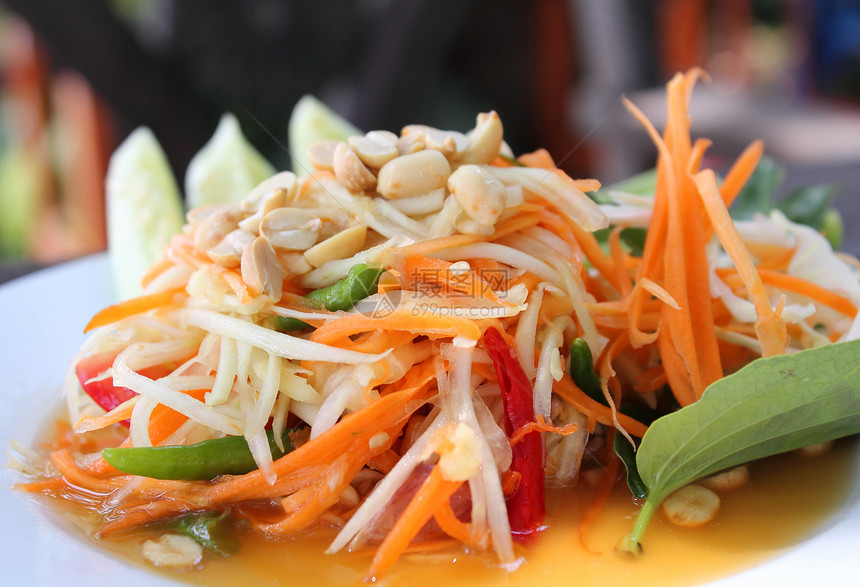泰国木薯沙拉蔬菜柠檬美食家木瓜食物水果辣椒健康饮食沙拉香料图片