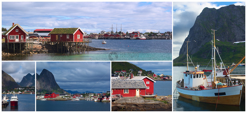 挪威Lofotten的Rine沿海镇汇合图片