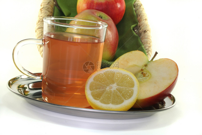 苹果莱蒙茶杯子柠檬树叶玻璃白色植物饮料冰镇水果红色图片