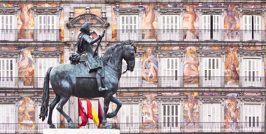 马德里广场市长菲利普三世国王的女神像艺术旅游观光窗户城市快门正方形绘画地标吸引力图片
