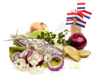 被夷为平地旗帜鲱鱼国家小吃食物小黄瓜盐渍洋葱哈令高清图片