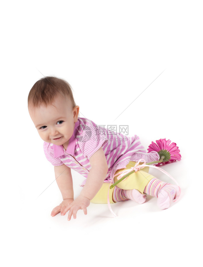 粉红色的可爱女婴白色童年粉色女性女孩幸福孩子乐趣婴儿微笑图片