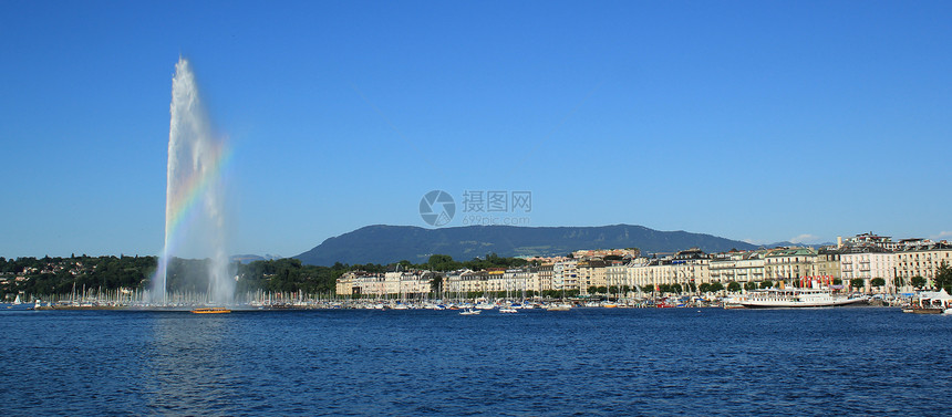 瑞士日内瓦全景瑞士地标城市山脉旅游建筑物景观观光旅行喷射假期图片