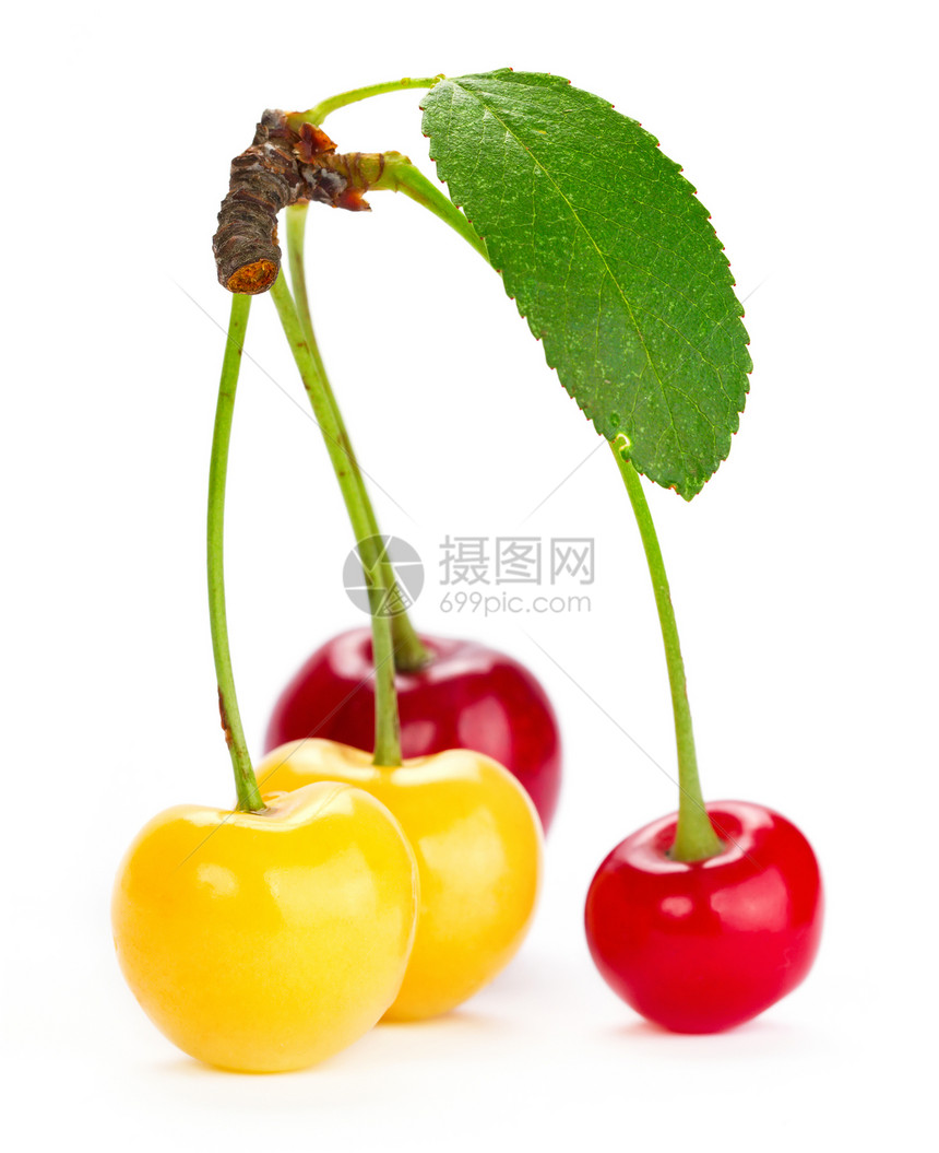 白上孤立的甜樱桃工作室水果甜点白色美食食物黄色绿色红色图片