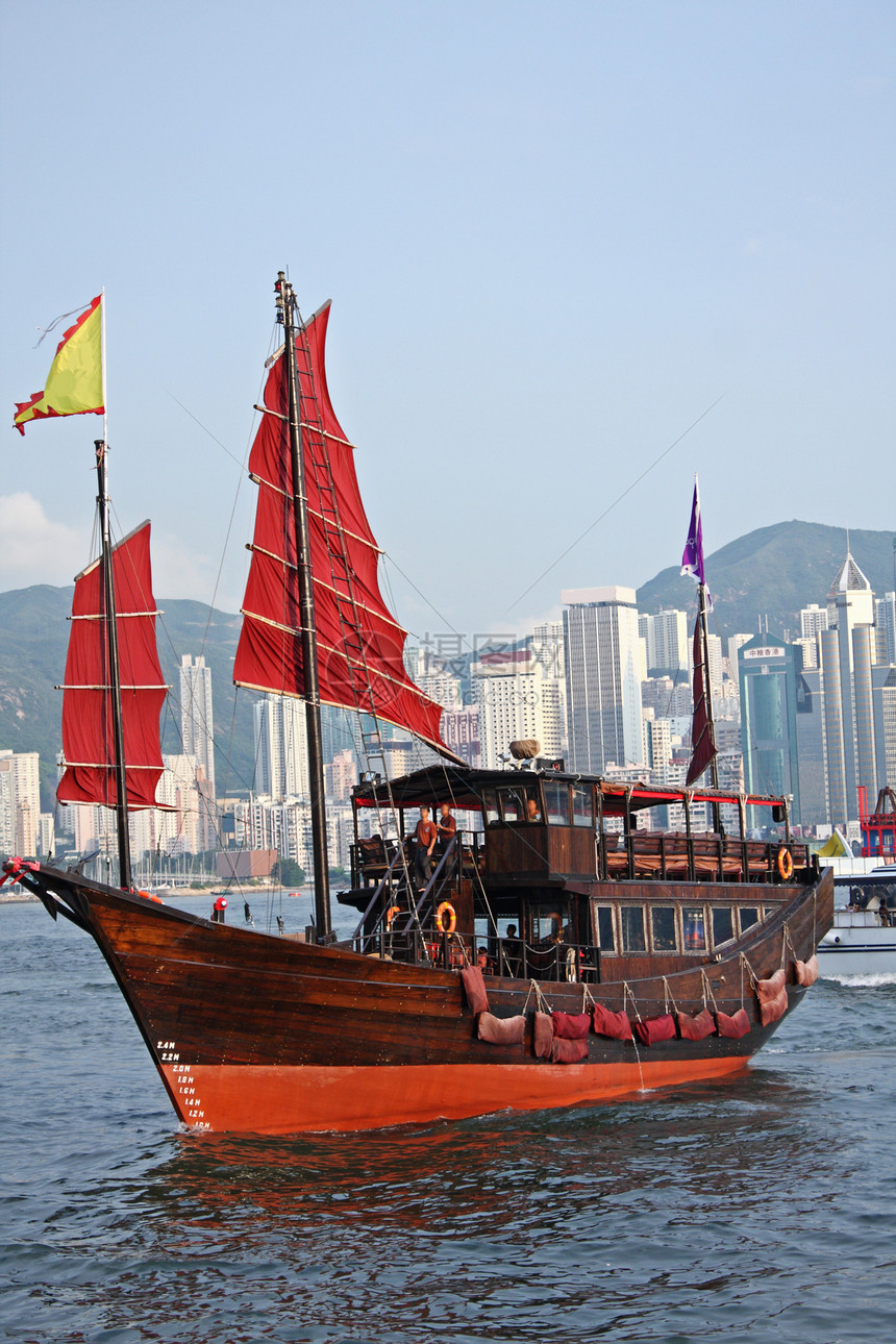 香港港帆帆船血管桅杆市中心日落旗帜摩天大楼导航顶峰旅游旅行图片