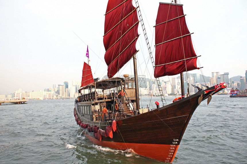 香港港帆帆船玻璃桅杆游客运输蓝色旅行港口摩天大楼旅游顶峰图片