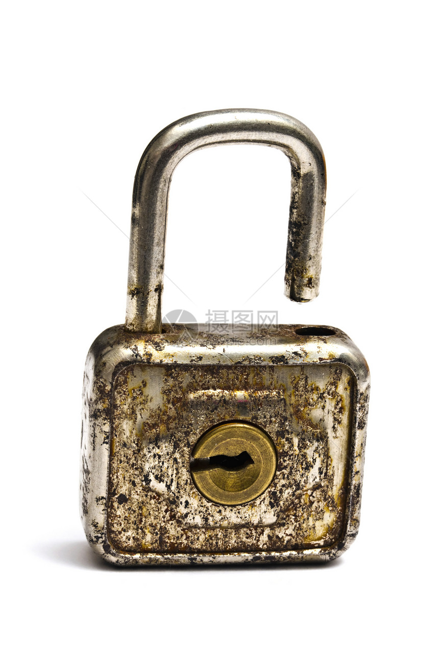 旧挂锁白色钥匙棕色古董金属腐蚀安全秘密图片