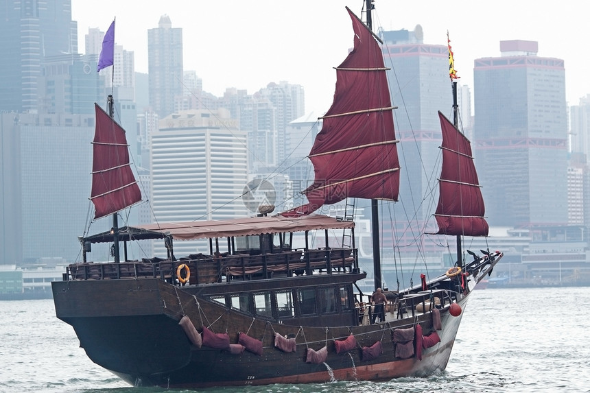 香港港帆帆船晴天习俗爬坡反射玻璃垃圾旗帜日落摩天大楼血管图片