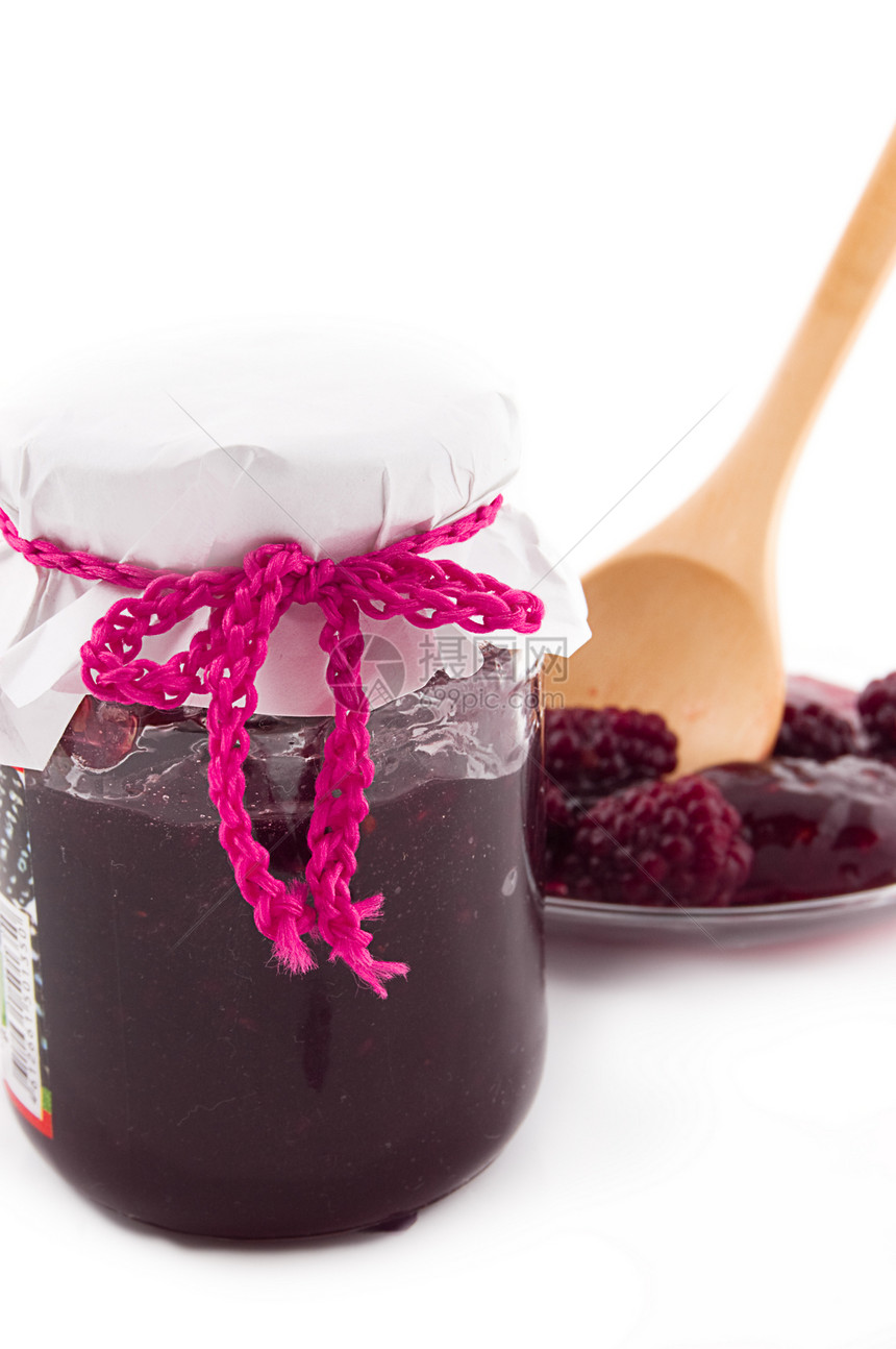 黑莓果酱装罐盘子玻璃甜点勺子环境厨房小吃浆果水果图片