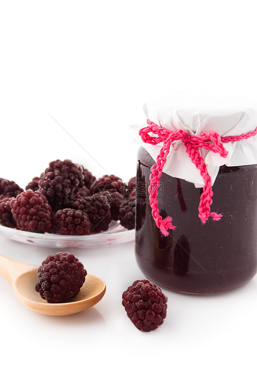 黑莓果酱甜点食物木头饮食面包杂货勺子浆果装罐水果图片