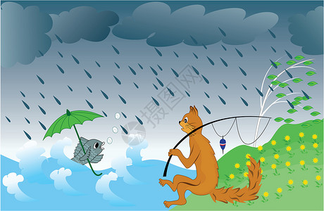 钓鱼伞在雨中钓鱼设计图片