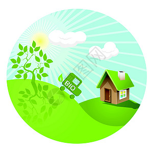 房子绿色树生物生态床单概念绿色燃料太阳房子插画