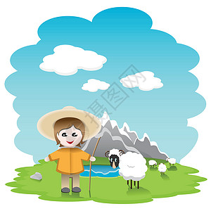 羊左雍措湖牧羊人工作绿色男人场地职业白色草地微笑帽子天空插画