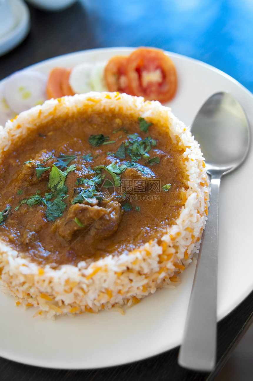 印度菜食餐厅风格普劳美食辣椒香料肉汁服务勺子菜单图片