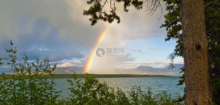 加拿大育空T区拉贝格湖上空的彩虹风暴阳光地区天空金子旅行波浪淋浴日光自由图片