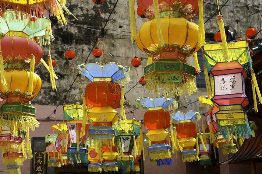 中国新年绿灯明丝绸竹子橙子派对装饰品粉色选择性旅行黄色木头图片
