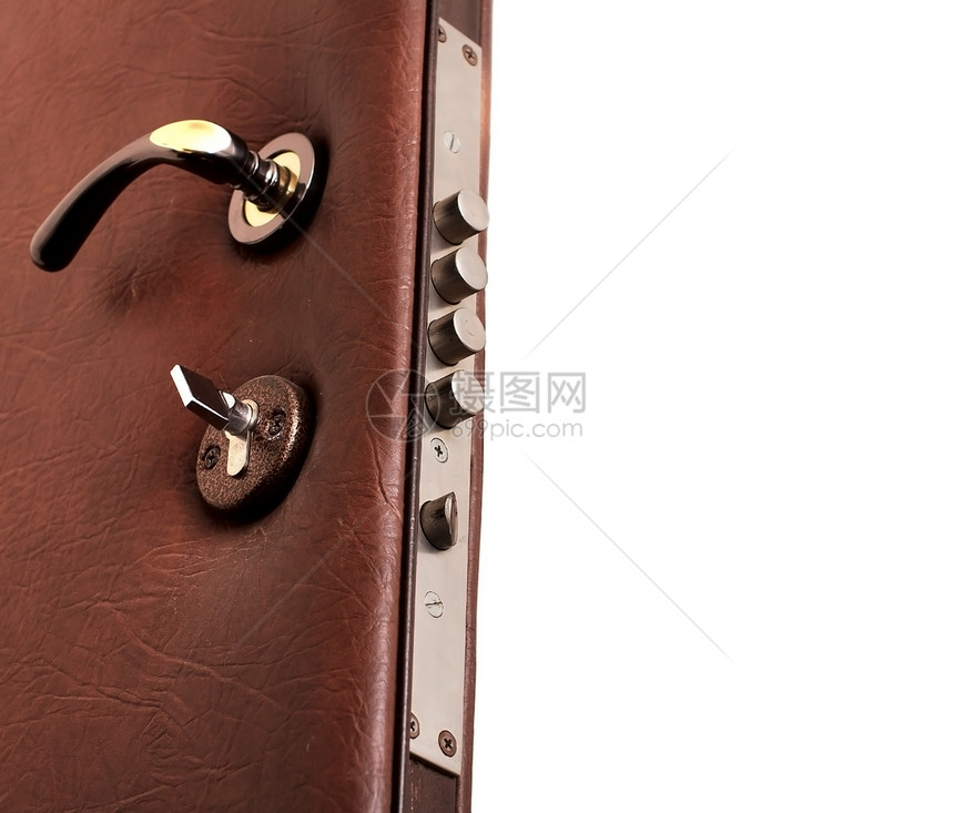 带有复制空间的打开门出口隐私安全财产门把手皮革金属棕色入口白色图片
