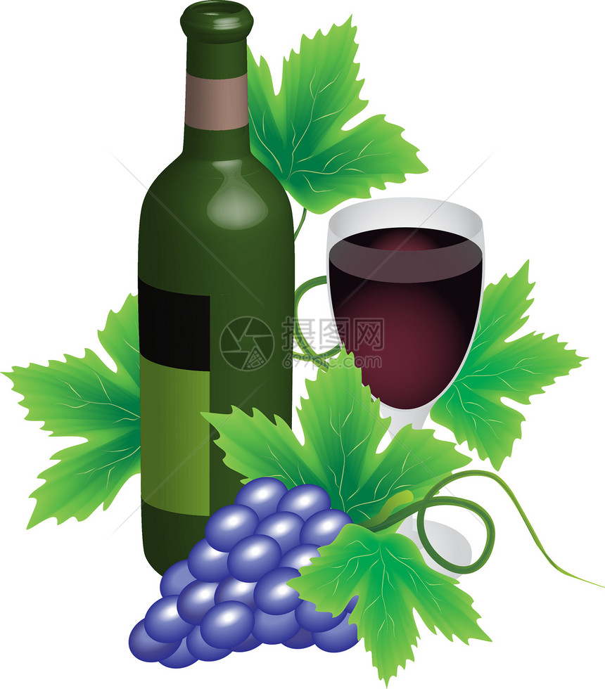 酒瓶和红酒杯加葡萄葡萄园派对叶子葡萄干标签卷曲酒精酒厂紫色农业图片