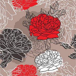 无缝花纹艺术花束植物红色墙纸卷曲插图玫瑰礼物黑色背景图片