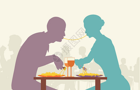 餐桌上的食物意大利面条情人男人食物餐厅设计女士夫妻插图用餐元素设计图片