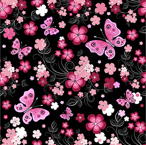 黑暗无缝花卉形态墙纸装饰品紫色插图粉色叶子雕刻蝴蝶红色黑色背景图片