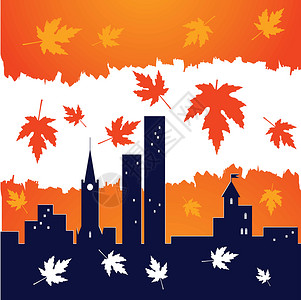 城市的秋天红色建筑剪影房子橙子插图树叶季节背景图片