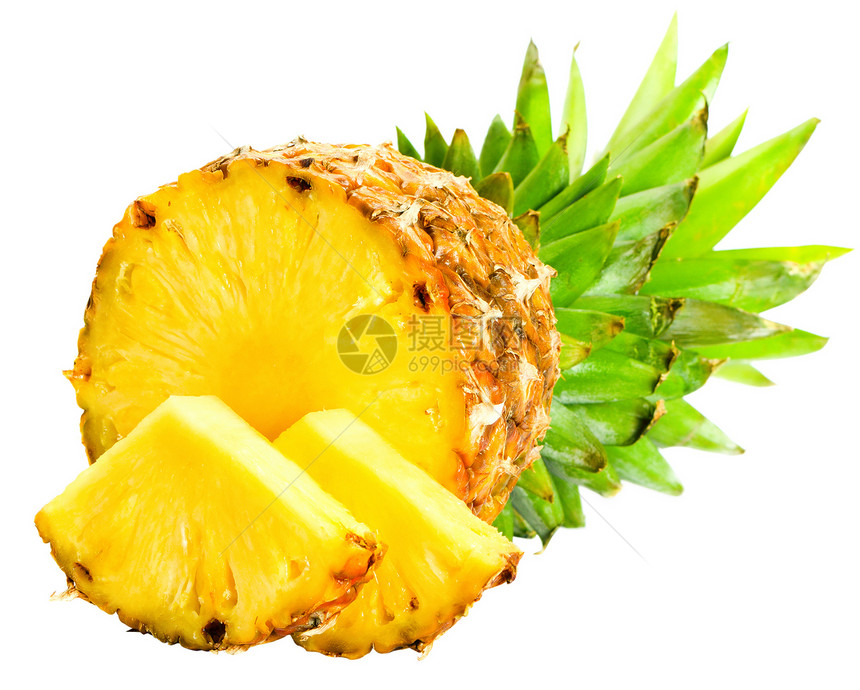 新鲜切片菠萝被白色背景隔绝食物叶子饮食小吃热带水果黄色宏观甜点绿色图片