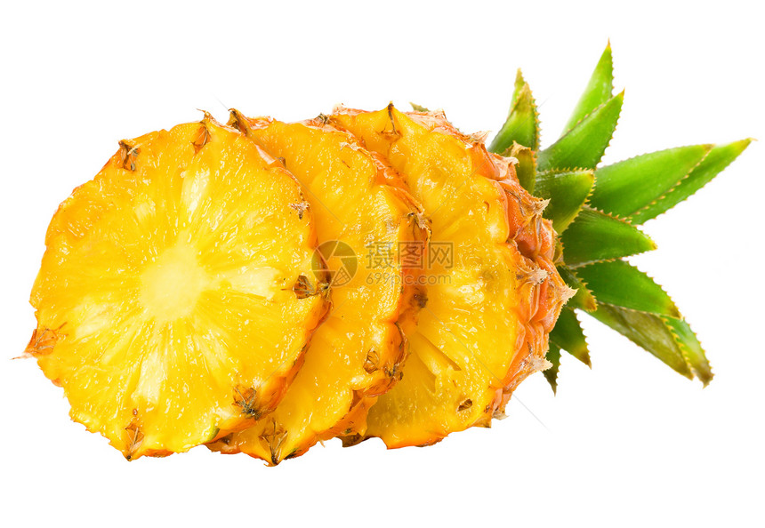 新鲜切片菠萝被白色背景隔绝黄色小吃绿色饮食热带叶子宏观食物甜点水果图片