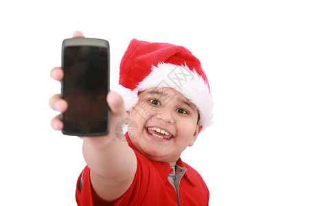 小男孩在白色背景上显示手机屏幕 男孩子背景图片