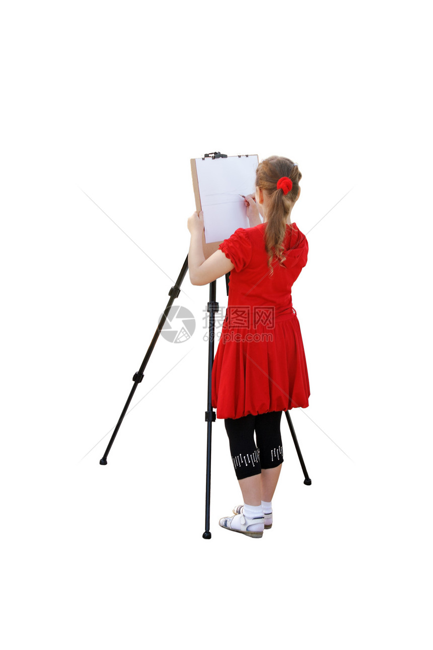 女孩画画绘画画架工作插图红色创造力头发帆布工具白色图片