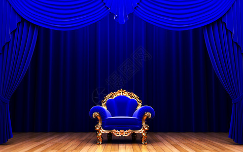 丰裕蓝色天鹅绒窗帘和椅子背景
