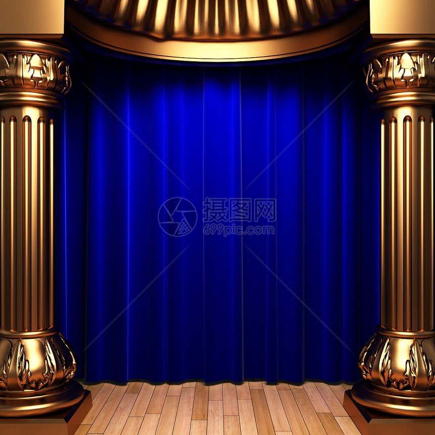 金柱后面的蓝色天鹅绒窗帘场景推介会礼堂展示行动布料歌剧展览织物奢华图片