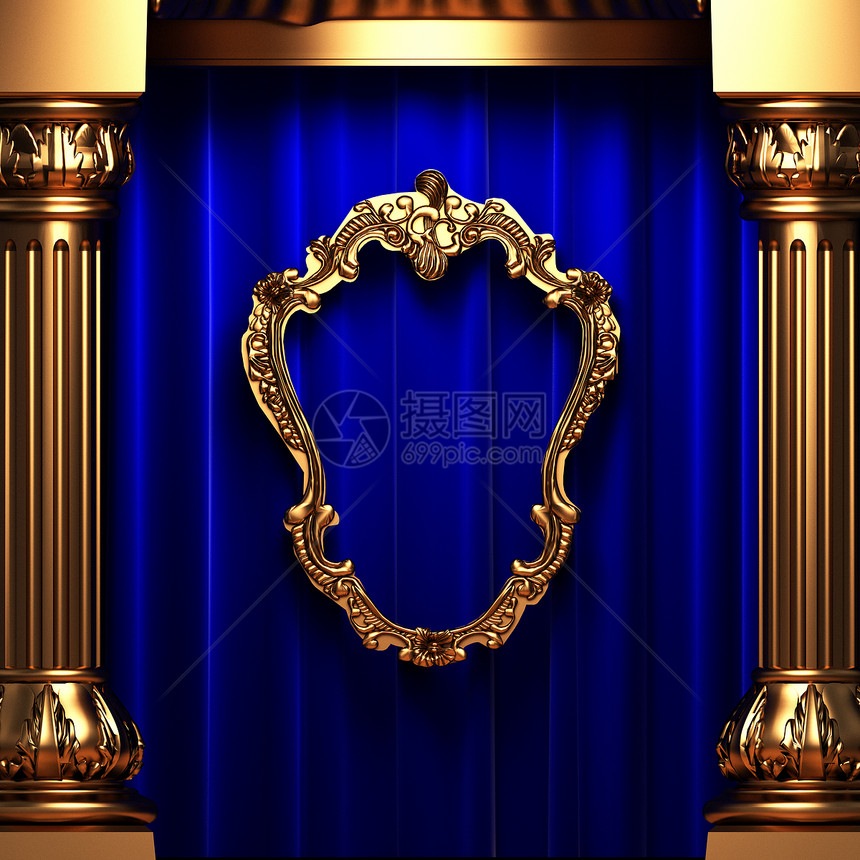 蓝窗帘 金柱和框架艺术展示织物气氛蓝色播音员歌词推介会镜子场景图片