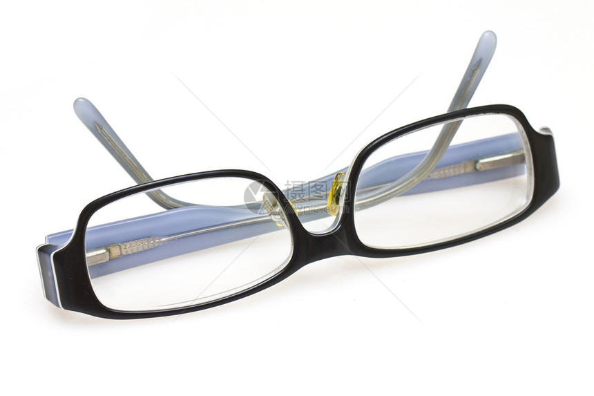 白色背景上隔绝的一副眼镜奇观反射眼睛光学塑料俱乐部阅读织物极客手表图片