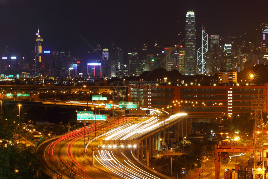 夜间在香港的交通线条景观速度蓝色旅行辉光街道小时公共汽车场景图片