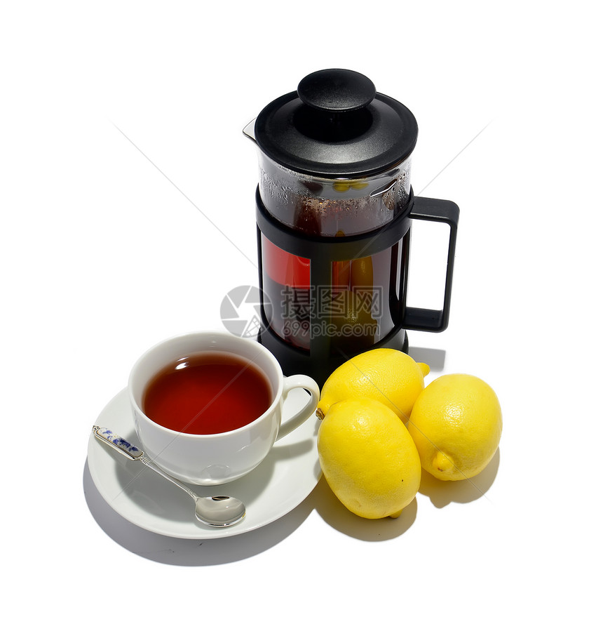 茶杯 水壶和三杯柠檬图片