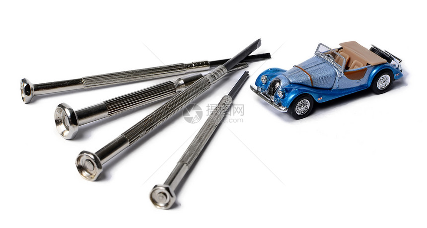 白色上隔离的小型汽车和螺旋车工作车辆玩具机械服务金属宏观维修工具图片