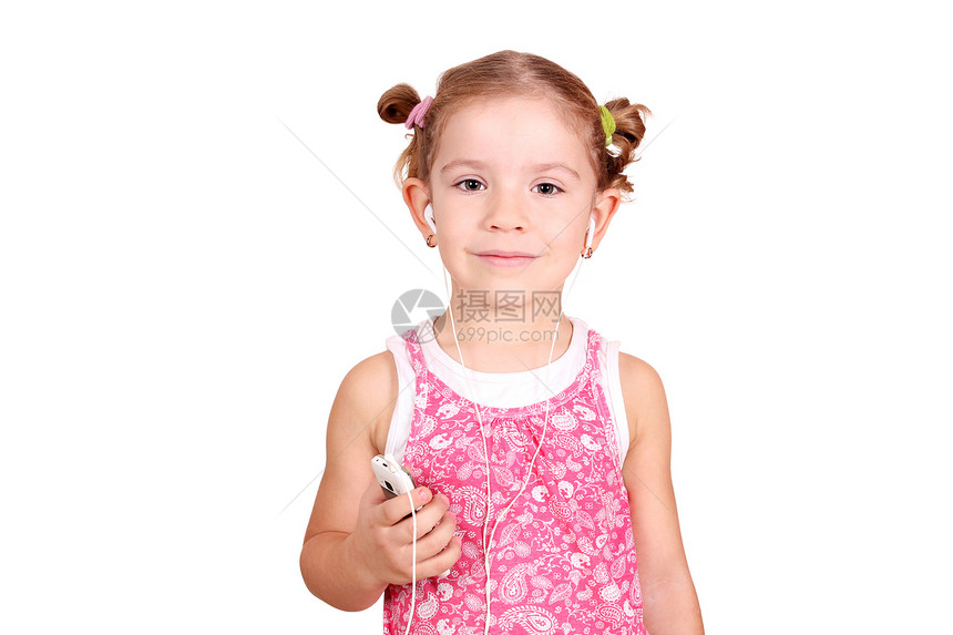 听音乐的年轻美少女工作室童年白色女性乐趣玩家韵律喜悦电话微笑图片