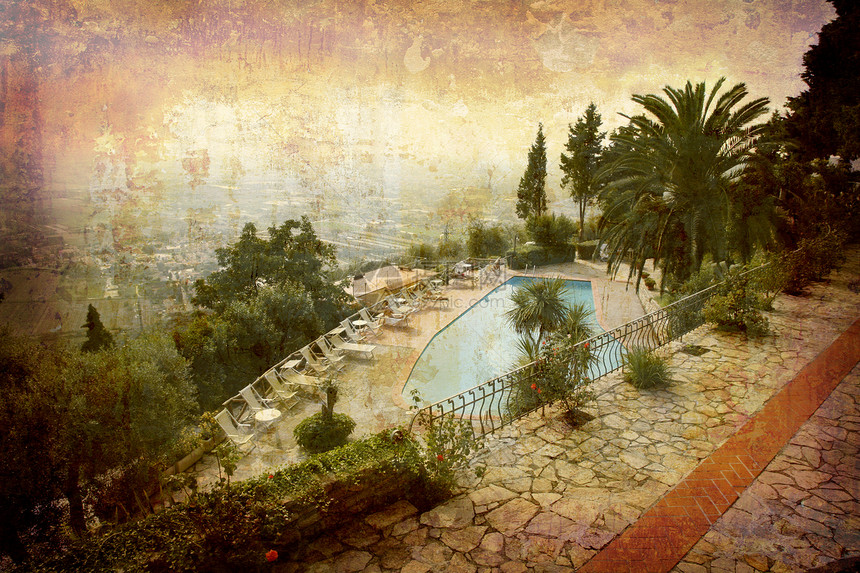 托斯卡纳古董旅行传统明信片天堂风景创造力水池游泳池摄影图片