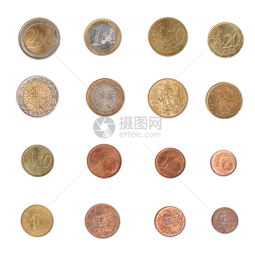 欧元硬硬币  法国国家货币国际联盟白色图片