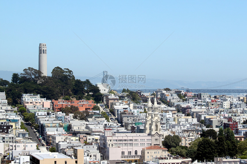 旧金山科特塔天空蓝色景观房子历史性城市摩天大楼宝藏爬坡旅行图片