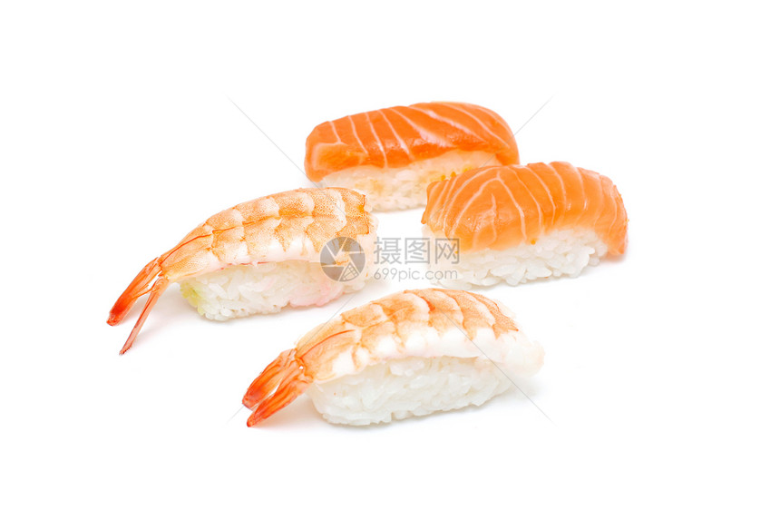 虾和鲑鱼尼吉里饮食宏观海鲜午餐厨房美食寿司生活食物图片