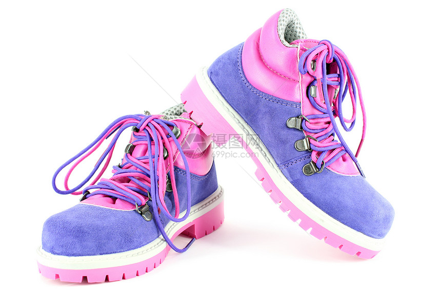 儿童徒步靴鞋带蕾丝时尚鞋类粉色远足登山蓝色皮革孩子们图片